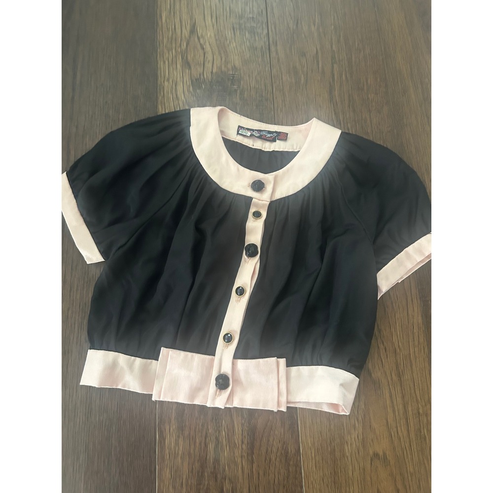 Forever 21 Twist Black Pink Cropped Puff Sleeve Button Up Blouse Bow Accent M
